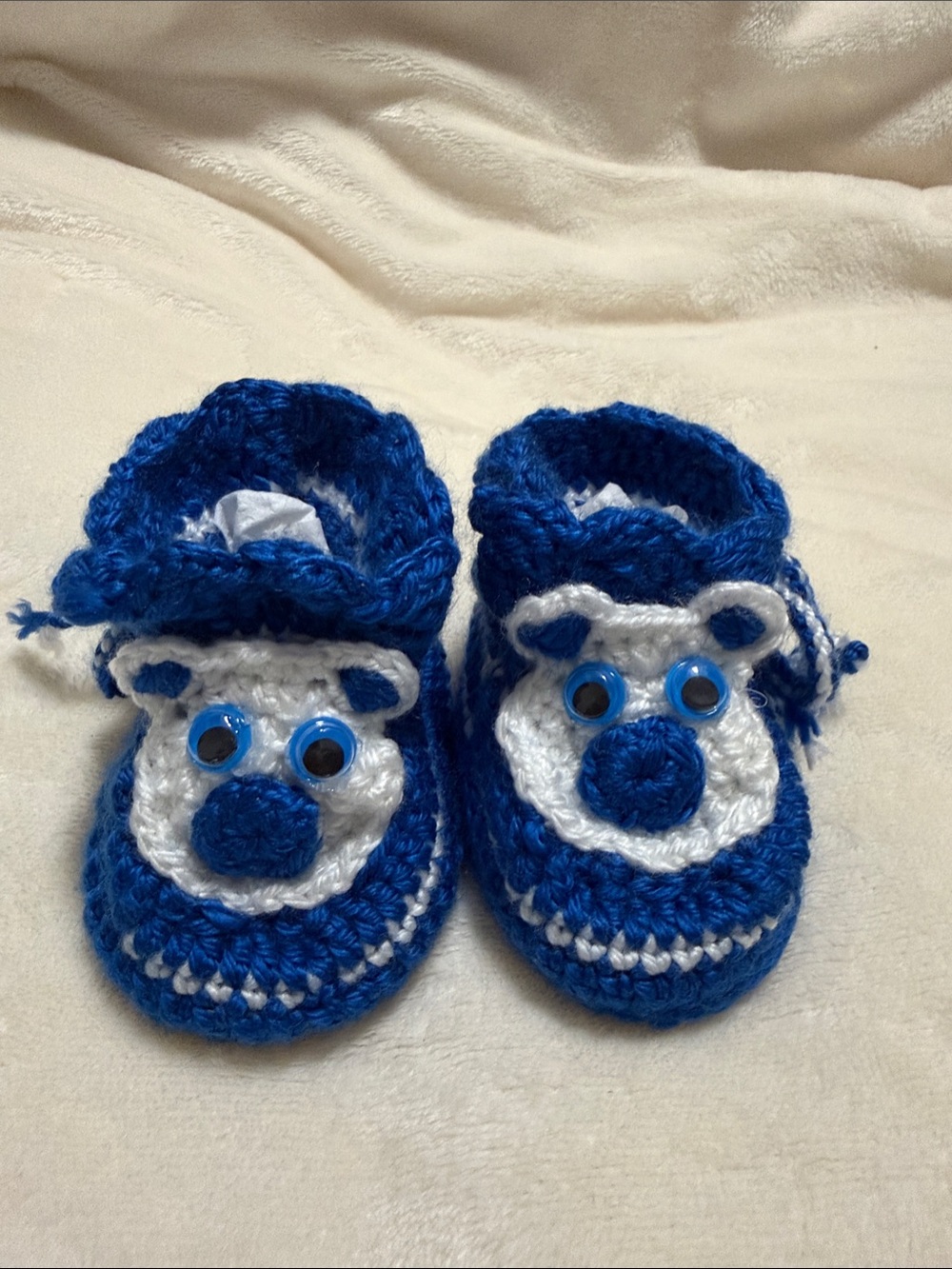 Blue and White Bear Crochet Baby Booties
